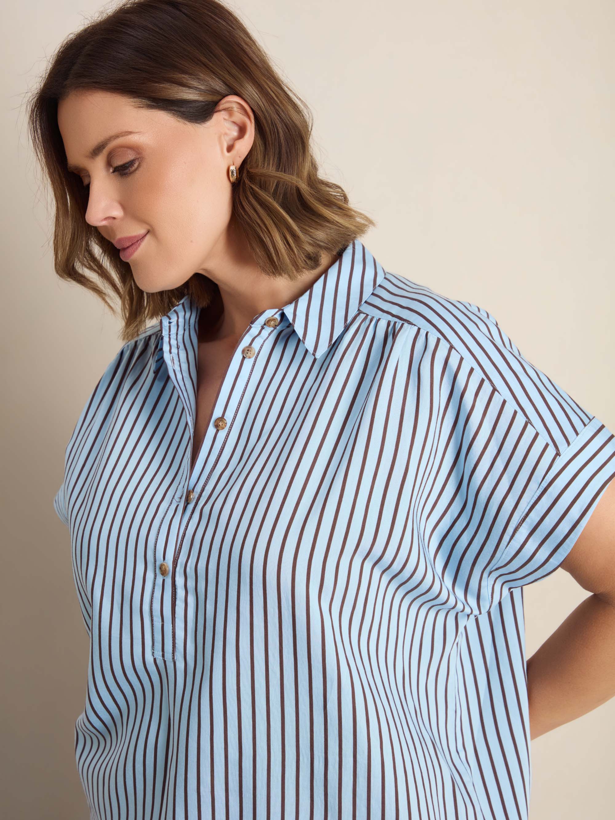 Blue And Chocolate Stripe Short Sleeve Shirt