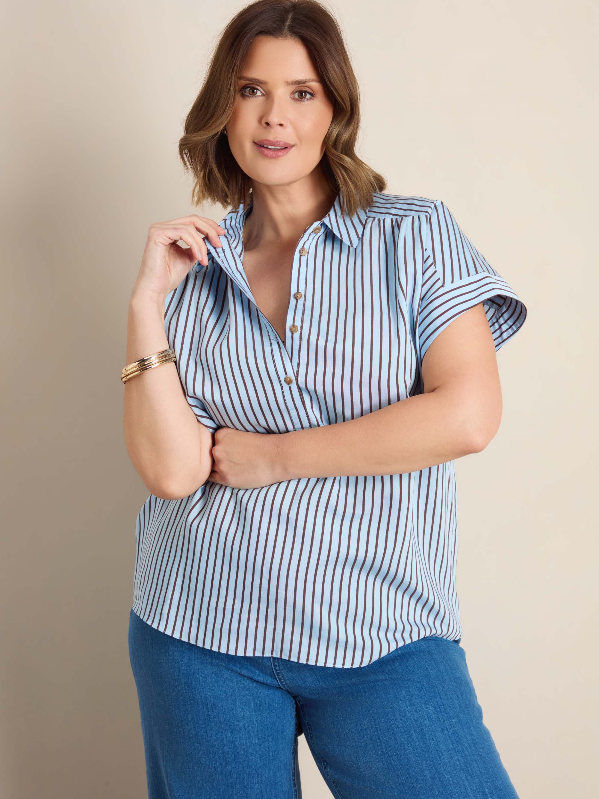 Blue And Chocolate Stripe Short Sleeve Shirt