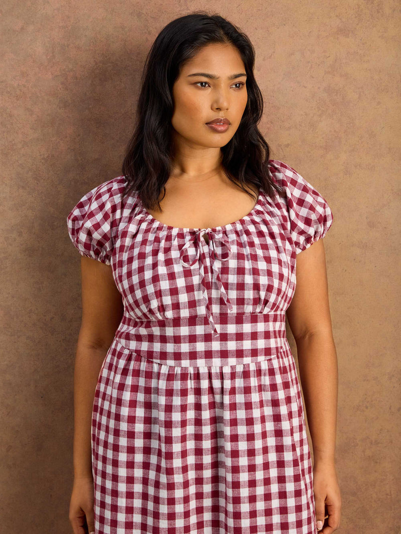Red Milkmaid Shirred Back Midaxi Dress Cotton Linen Blend