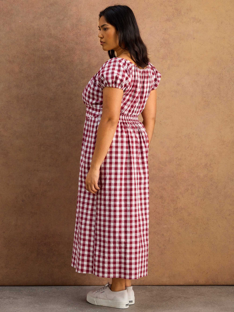Red Milkmaid Shirred Back Midaxi Dress Cotton Linen Blend
