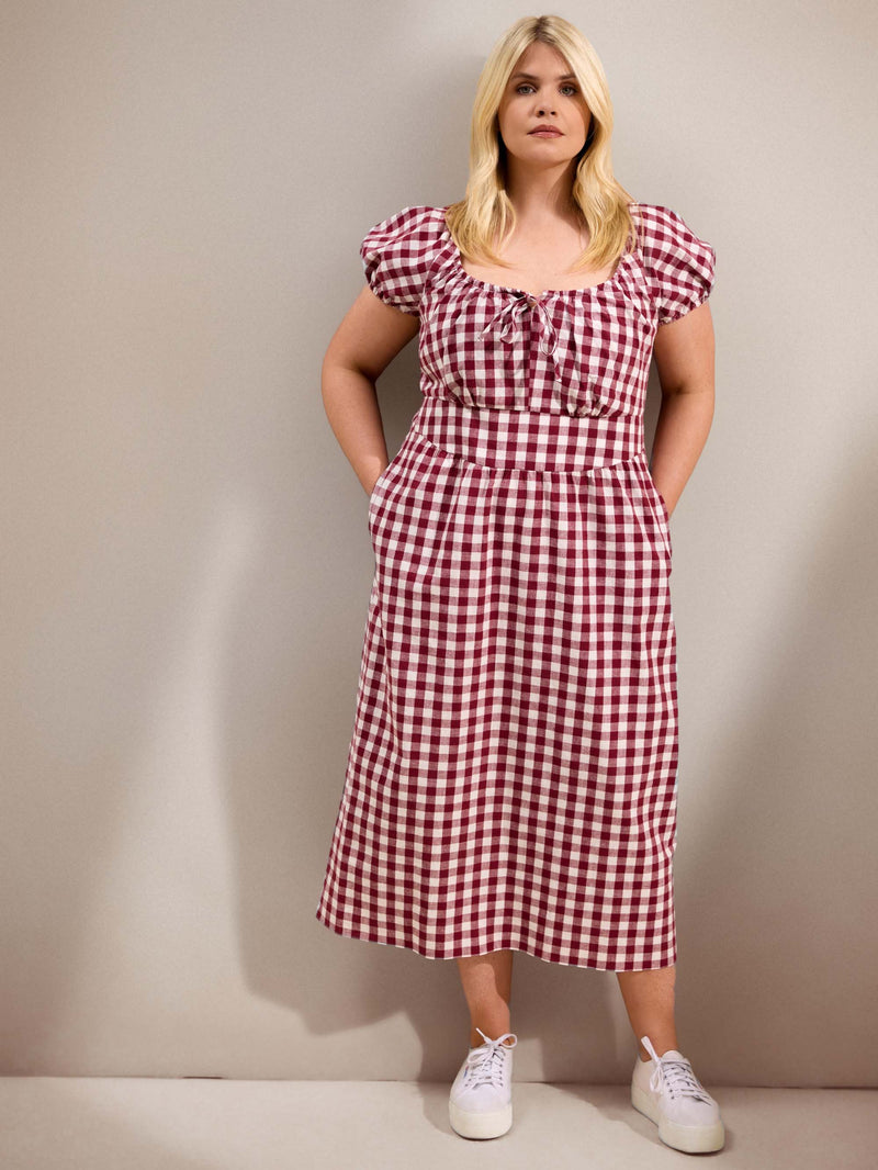 Berry Gingham Linen Blend Puff Sleeve Midaxi Dress