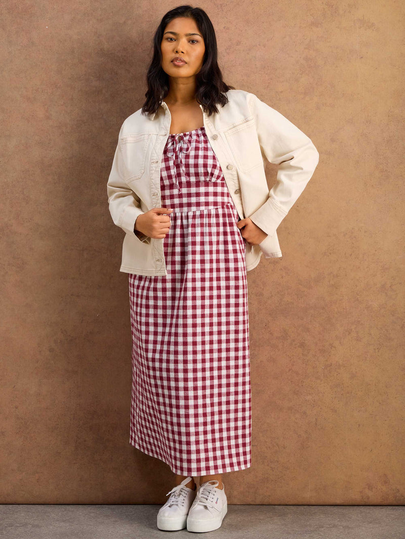 Red Milkmaid Shirred Back Midaxi Dress Cotton Linen Blend