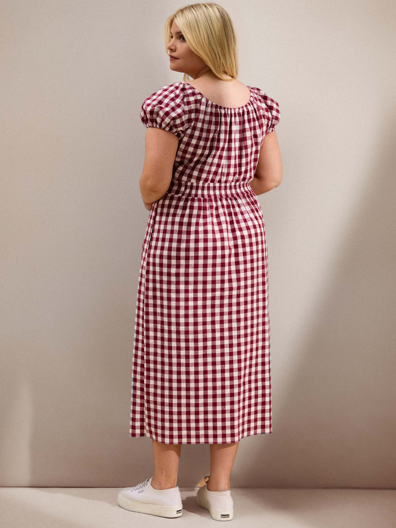 Berry Gingham Linen Blend Puff Sleeve Midaxi Dress