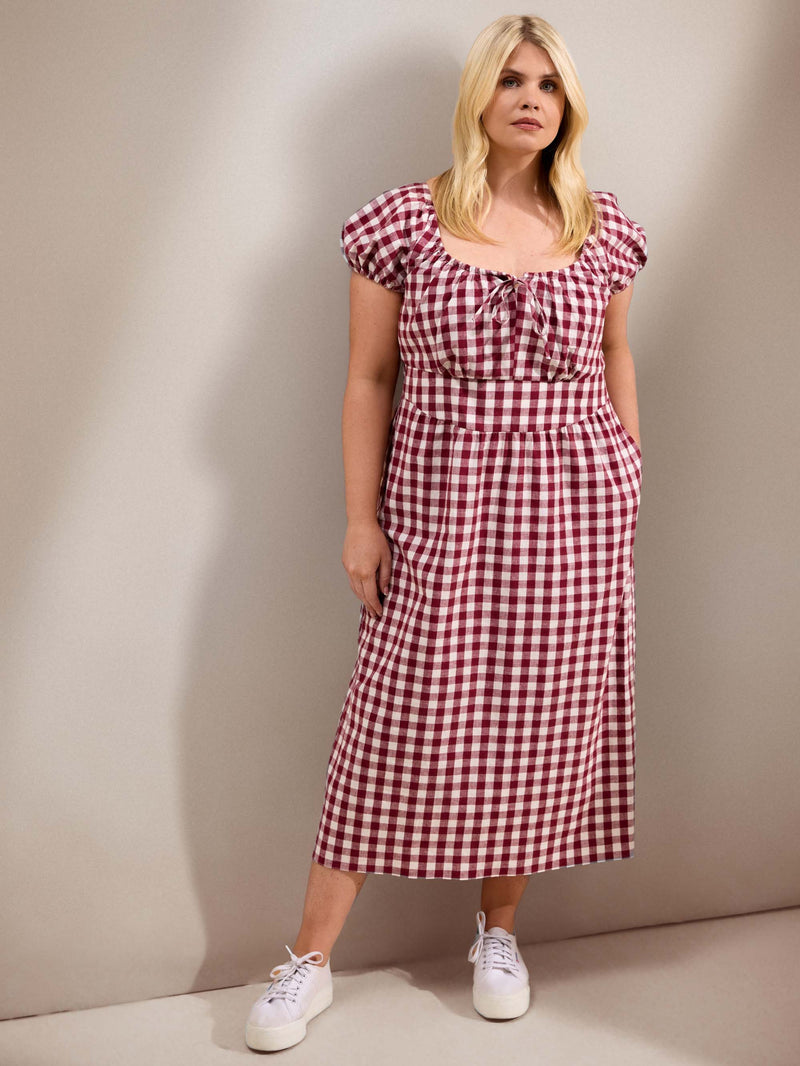 Berry Gingham Linen Blend Puff Sleeve Midaxi Dress