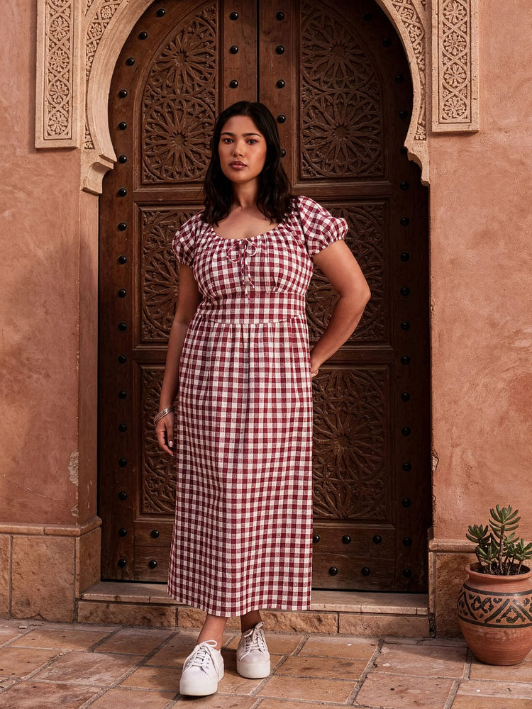 Berry Gingham Linen Blend Puff Sleeve Midaxi Dress Berry Gingham Linen Blend Puff Sleeve Midaxi Dress