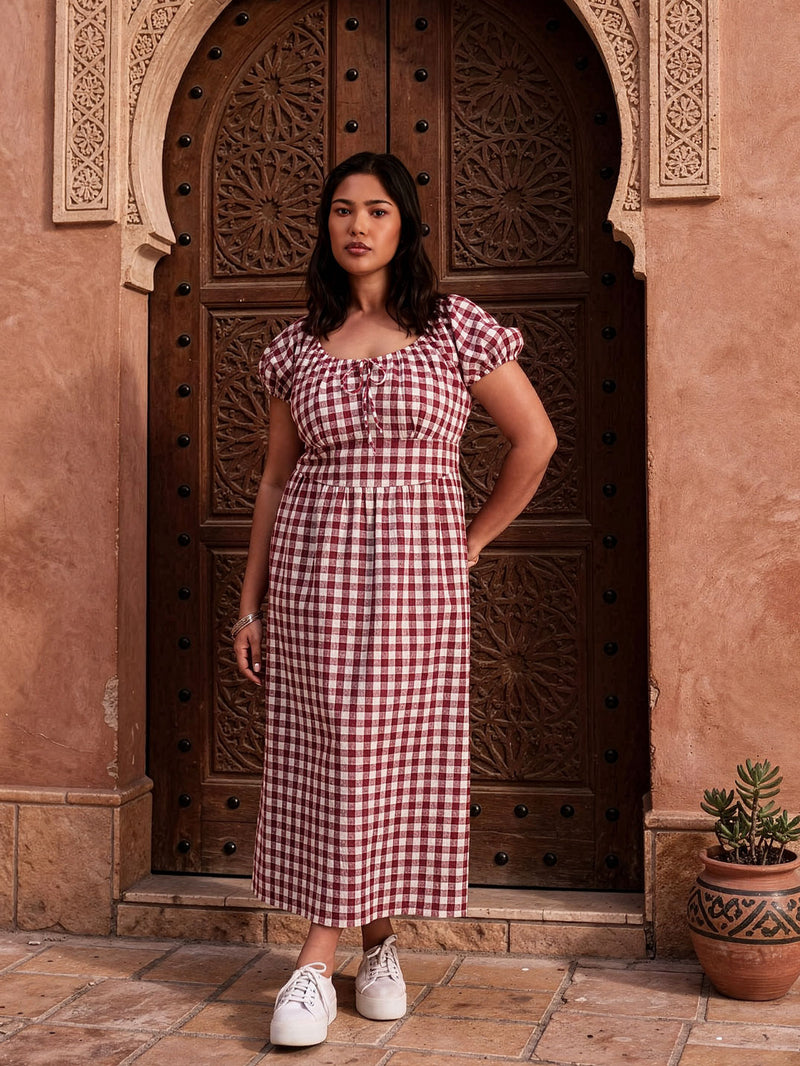 Red Milkmaid Shirred Back Linen Blend Midaxi Dress