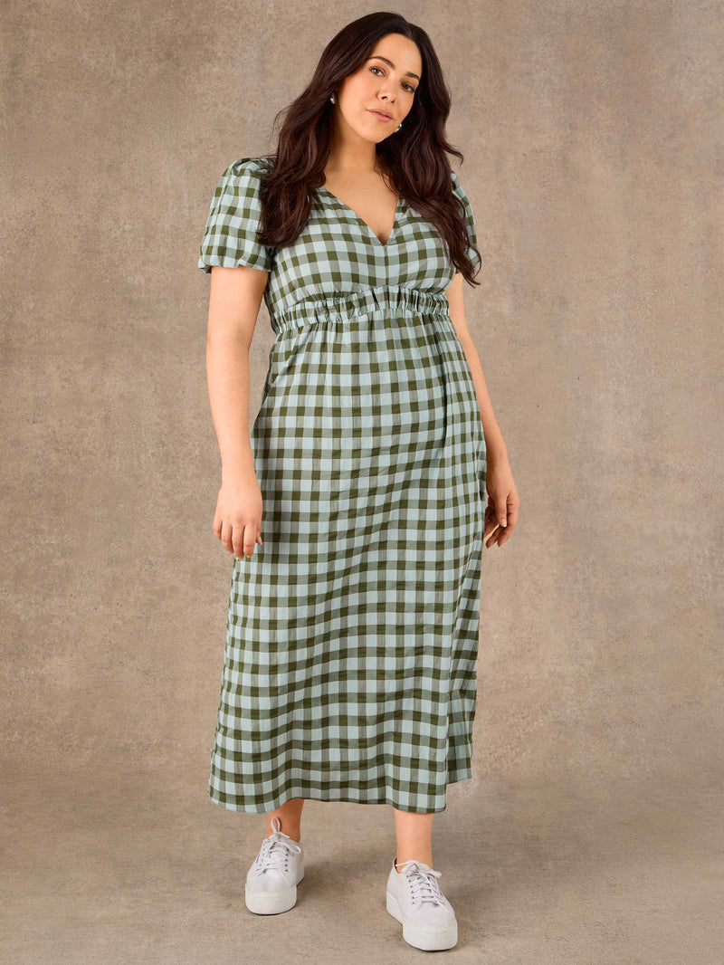 Green Gingham Puff Sleeve Midaxi Dress