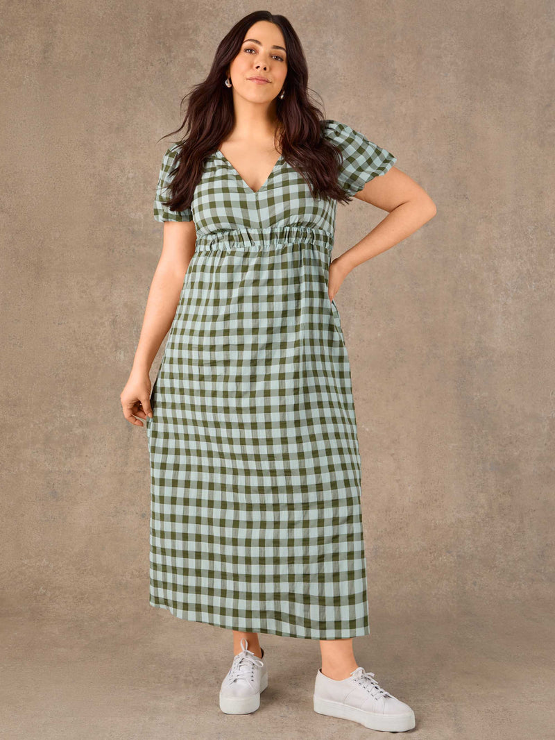Green Gingham Puff Sleeve Midaxi Dress