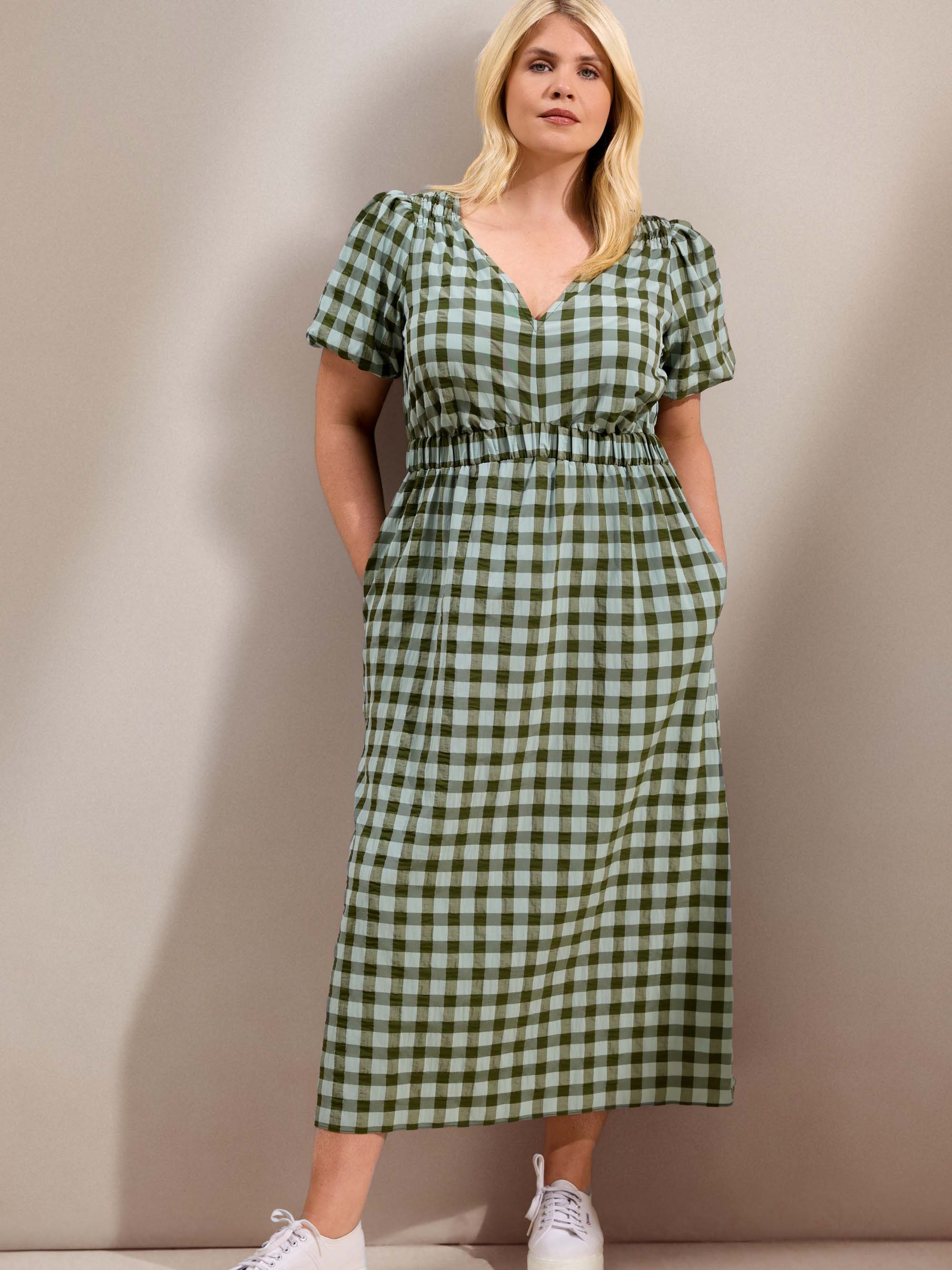 Green Gingham Puff Sleeve Midaxi Dress