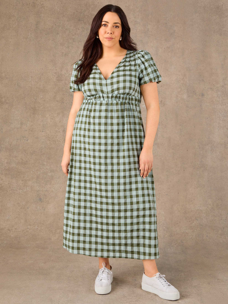 Green Gingham Puff Sleeve Midaxi Dress