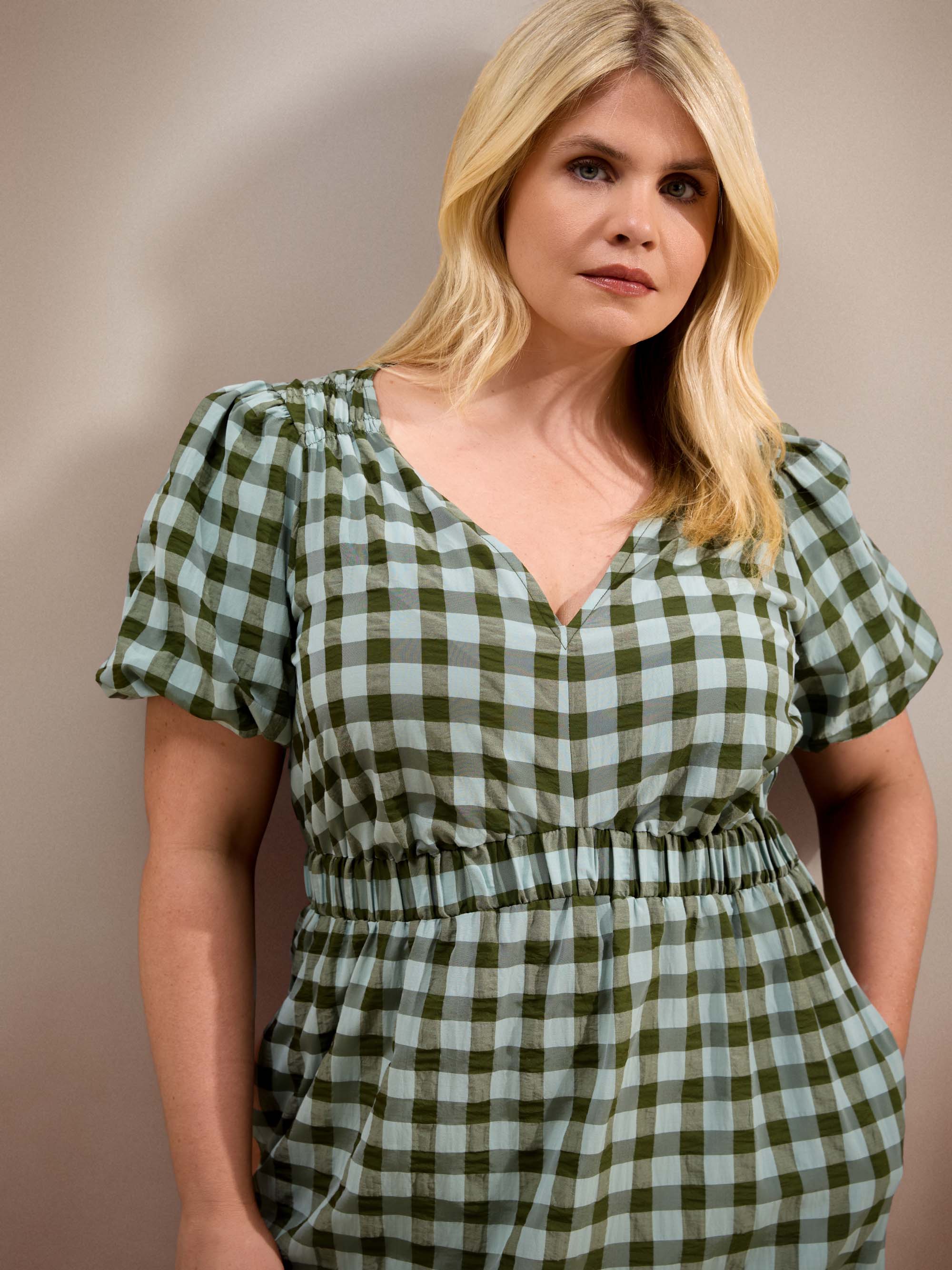 Green Gingham Puff Sleeve Midaxi Dress