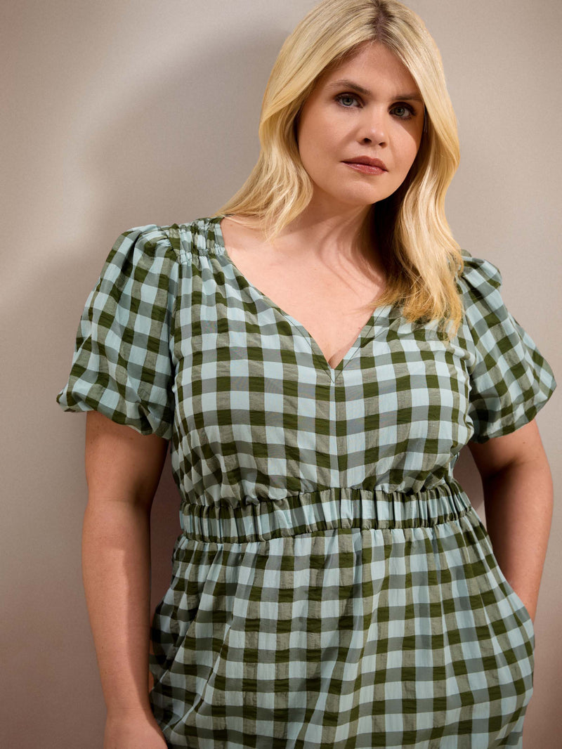 Green Gingham Puff Sleeve Midaxi Dress