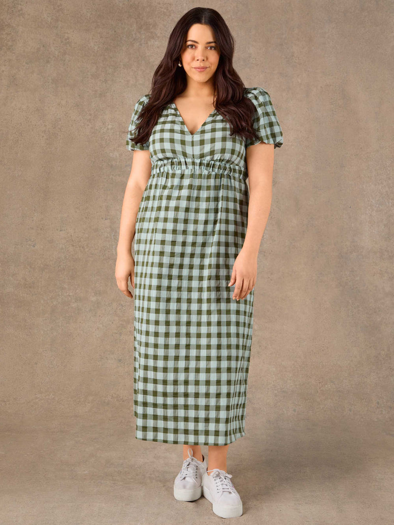 Green Gingham Puff Sleeve Midaxi Dress