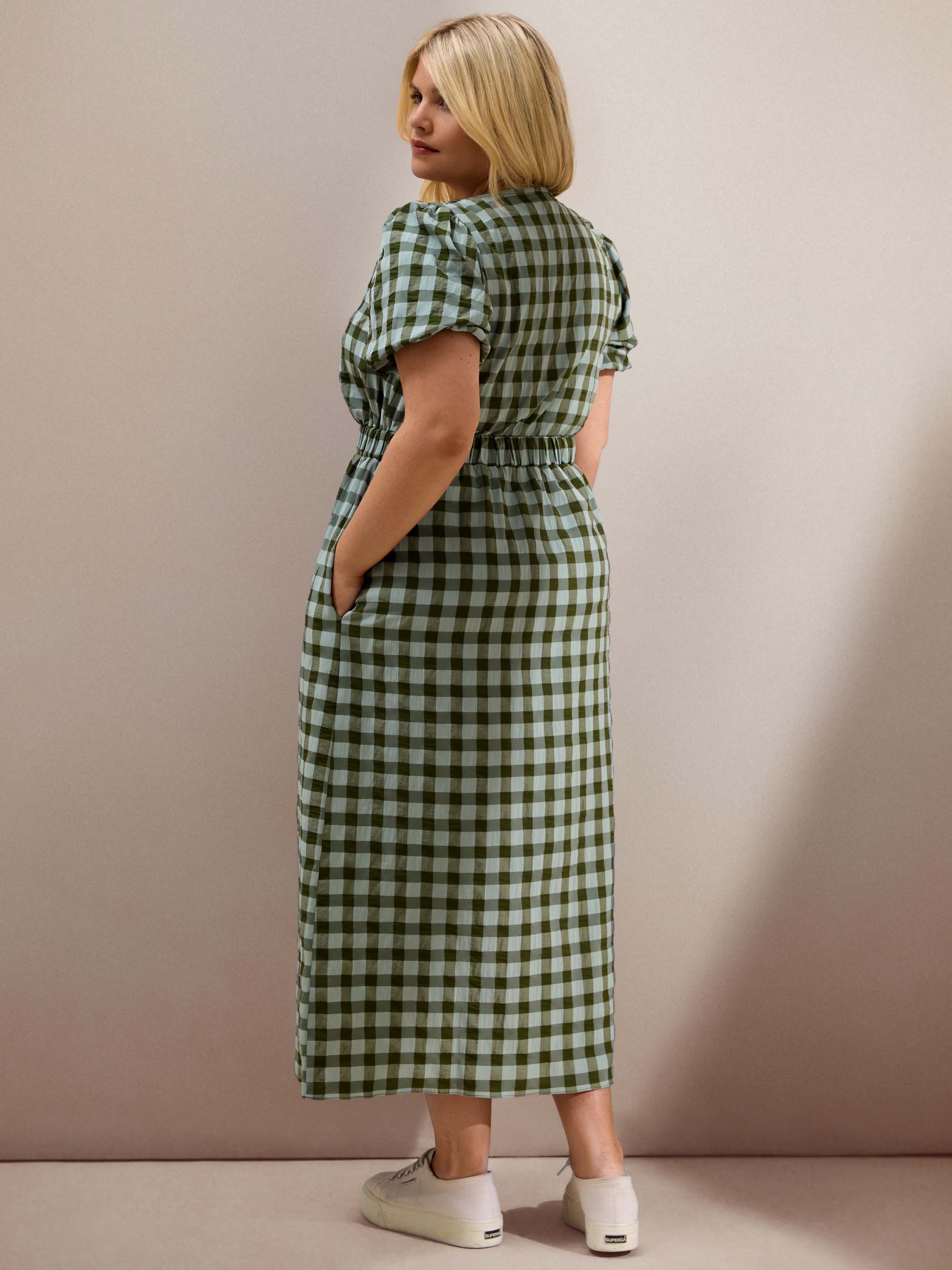 Green Gingham Puff Sleeve Midaxi Dress