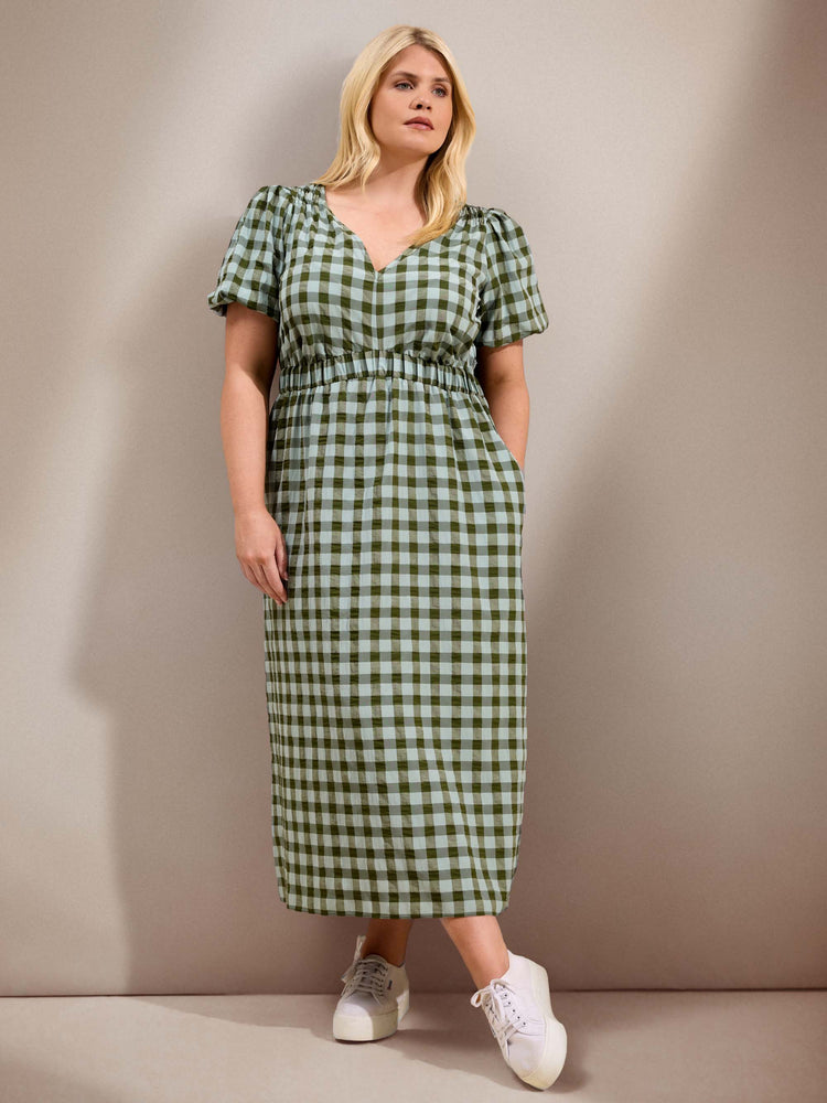 Green Gingham Puff Sleeve Midaxi Dress