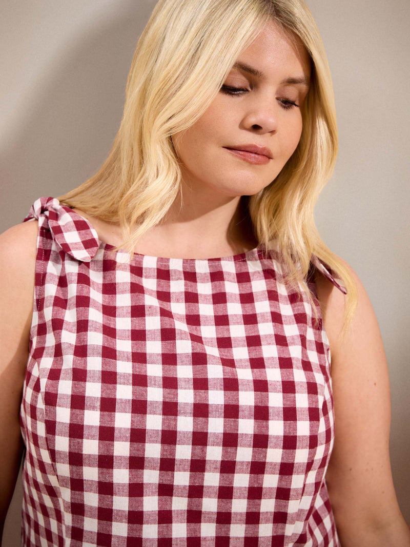 Berry Gingham Peplum Cotton-Linen Blend Bow Tie Top