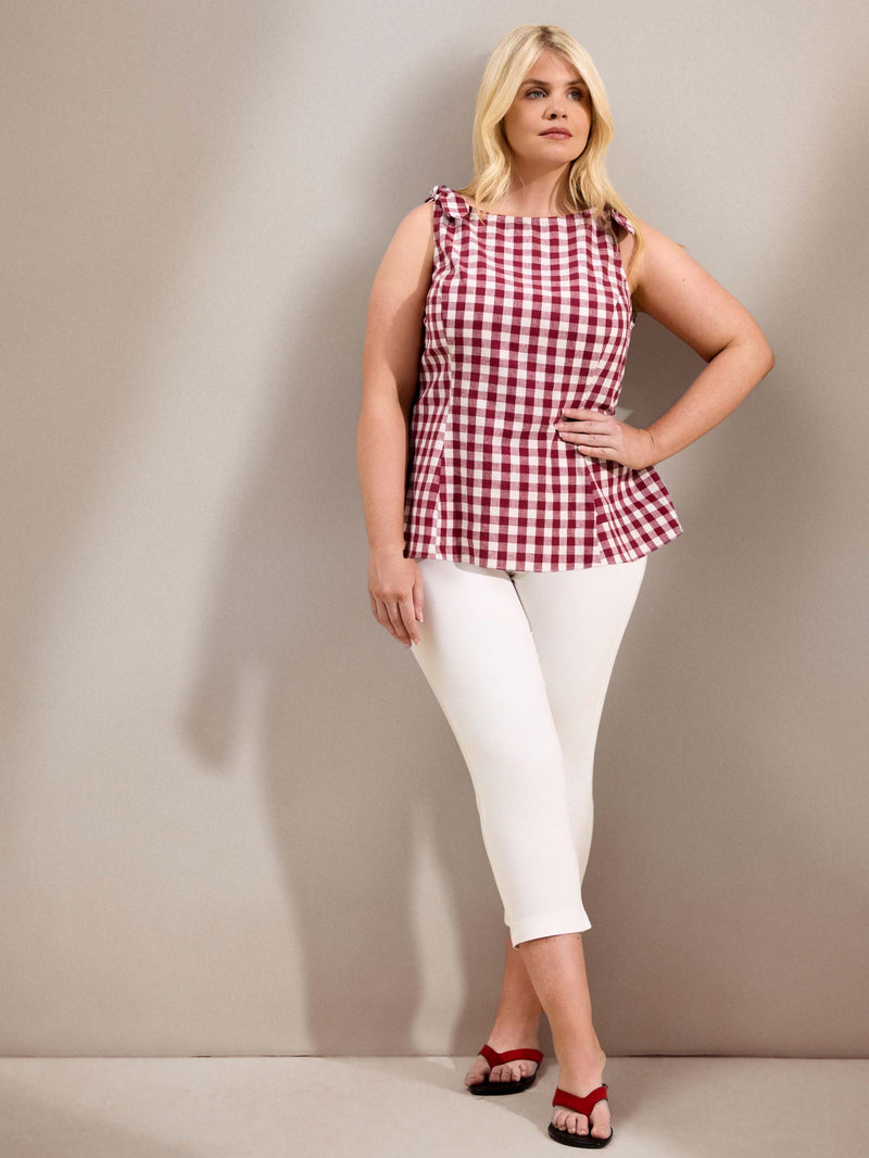 Berry Gingham Peplum Cotton-Linen Blend Bow Tie Top