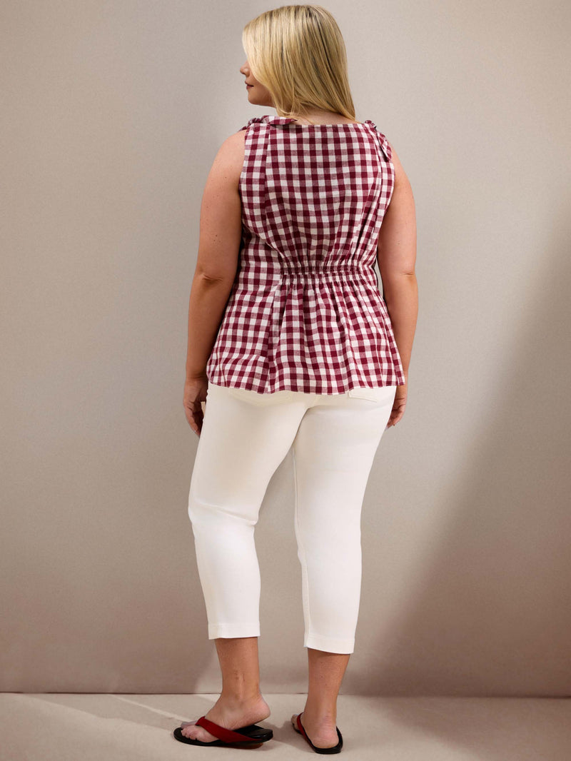 Berry Gingham Peplum Cotton-Linen Blend Bow Tie Top