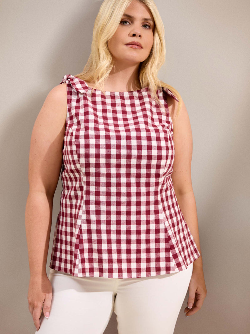 Berry Gingham Peplum Cotton-Linen Blend Bow Tie Top