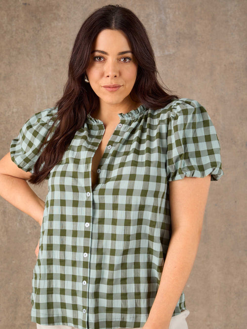 Green Gingham Puff Sleeve Blouse