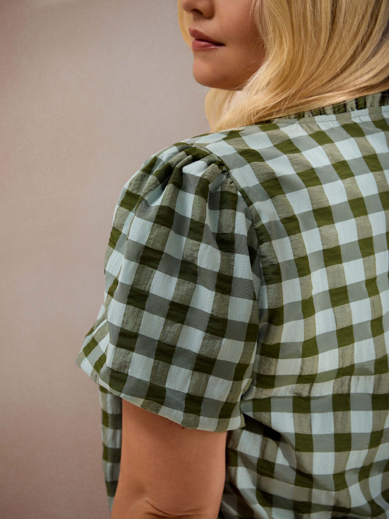 Green Gingham Button-Through Puff Sleeve Top