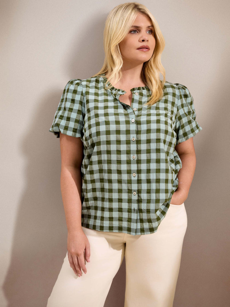Green Gingham Button-Through Puff Sleeve Top