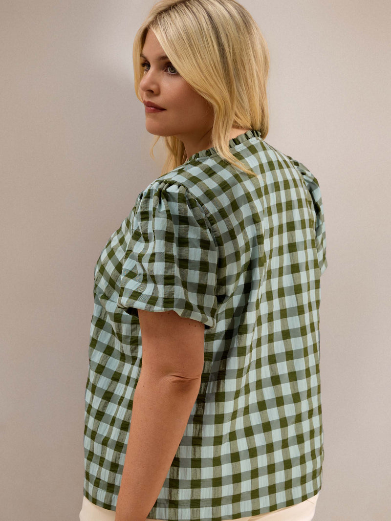 Green Gingham Button-Through Puff Sleeve Top