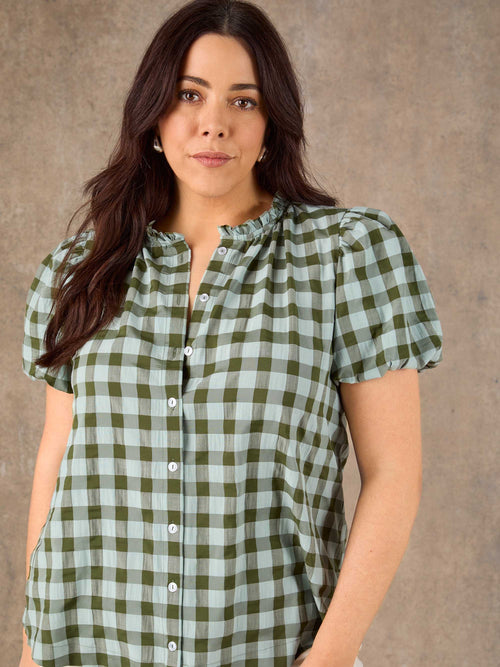 Green Gingham Puff Sleeve Blouse