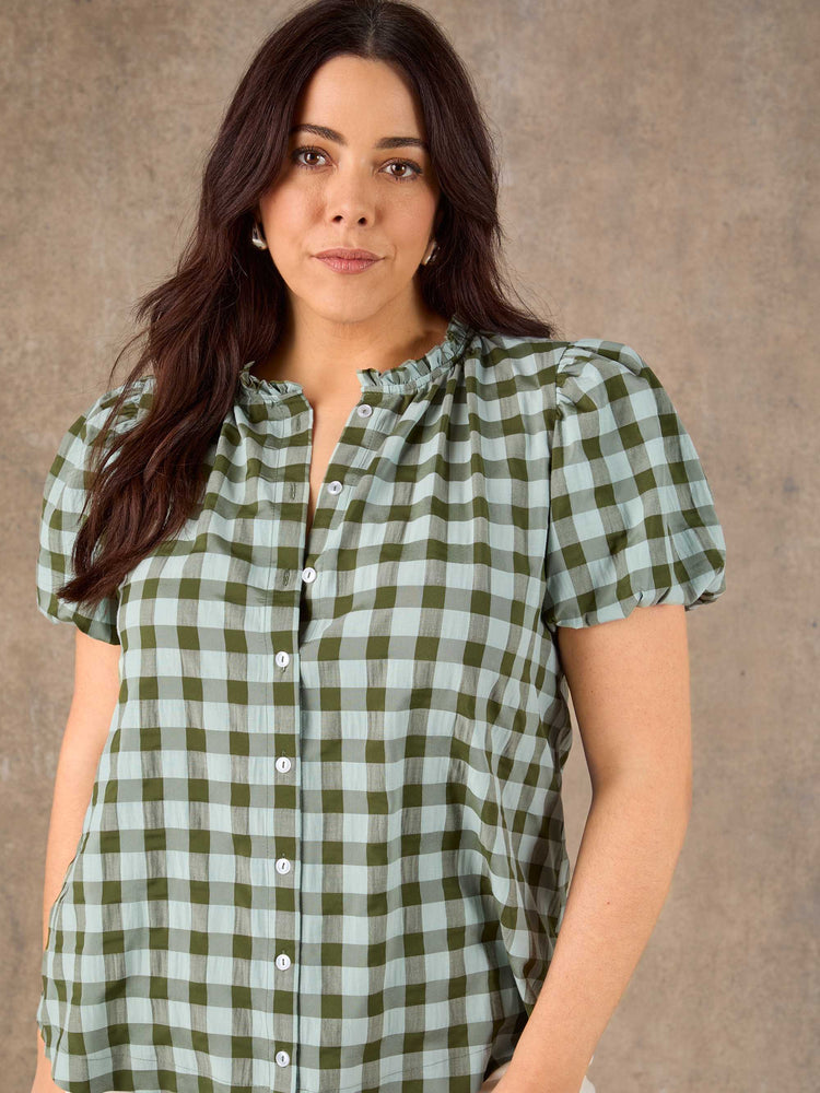 Green Gingham Puff Sleeve Blouse