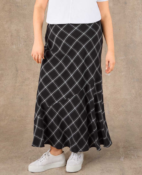Black Check Bias Cut Flared Midaxi Skirt