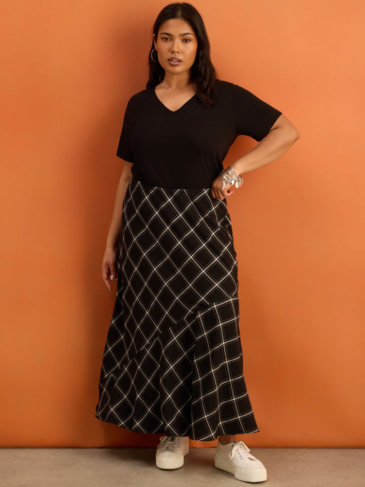Black Check Bias Cut Flared Midaxi Skirt