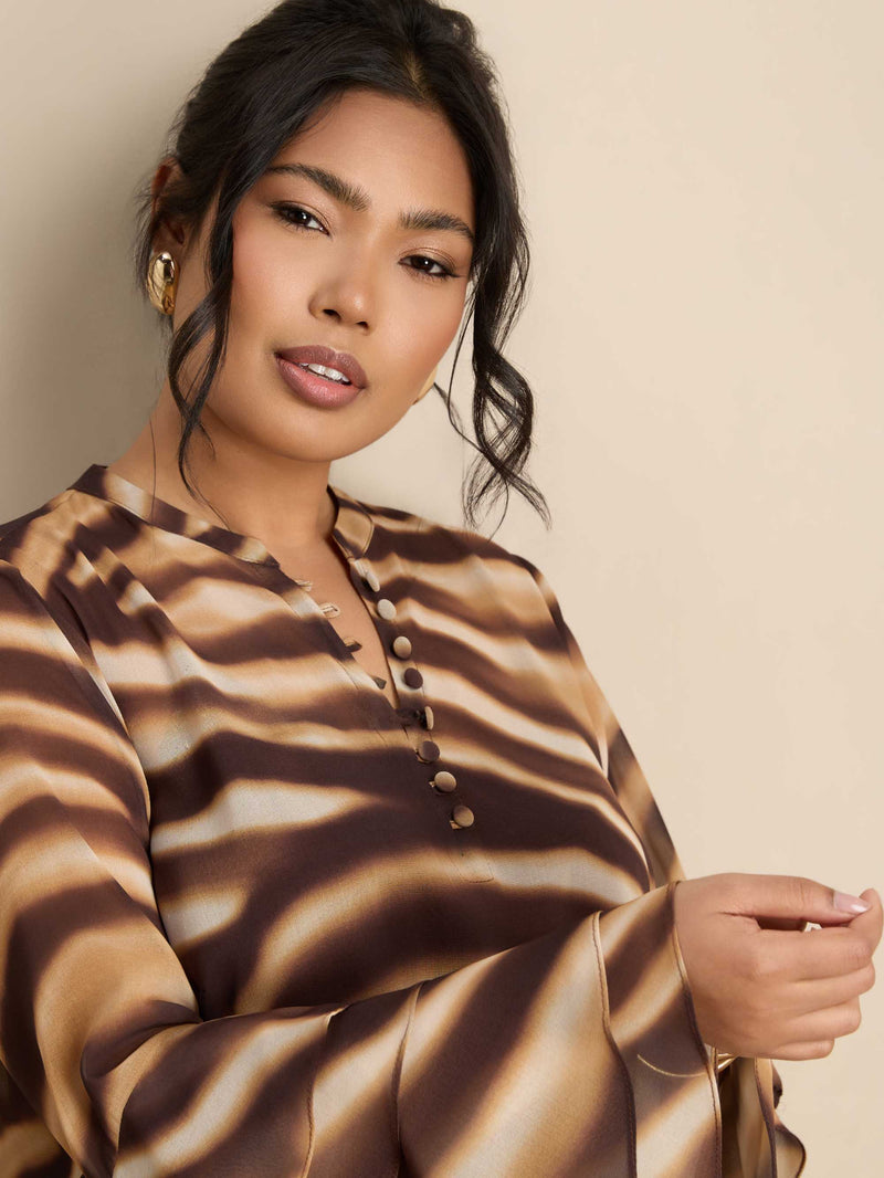 Brown Abstract Print Ruffle Blouse