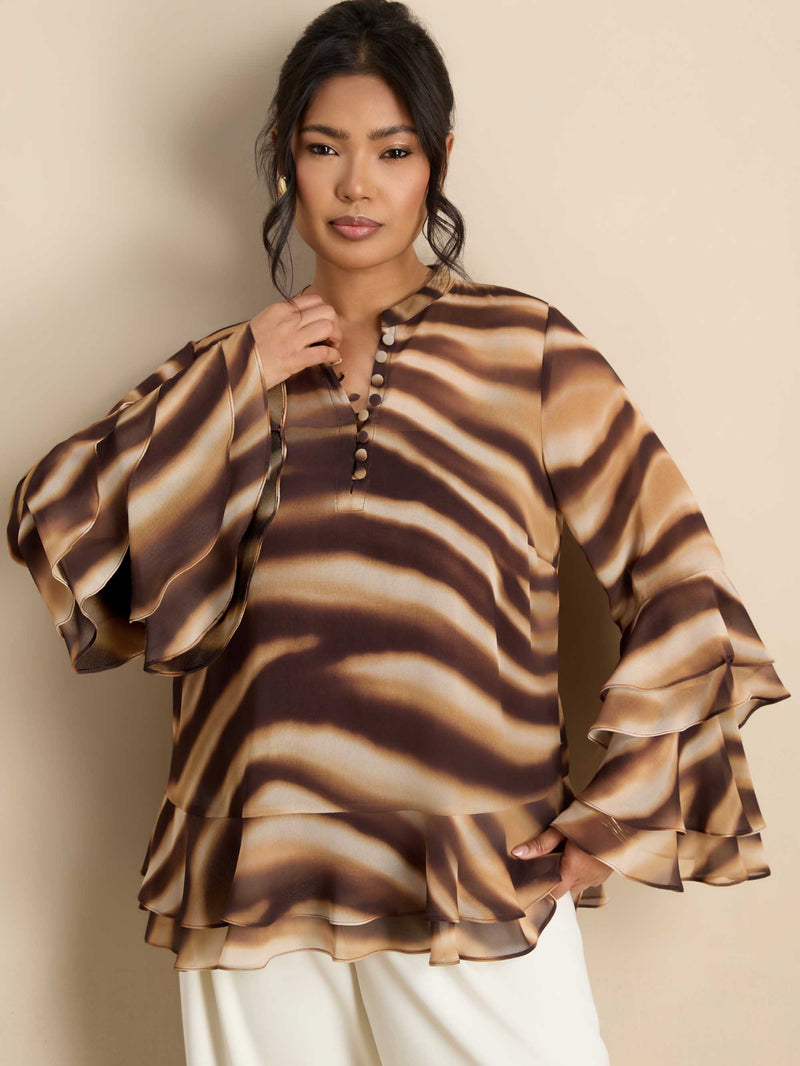 Brown Abstract Print Ruffle Blouse
