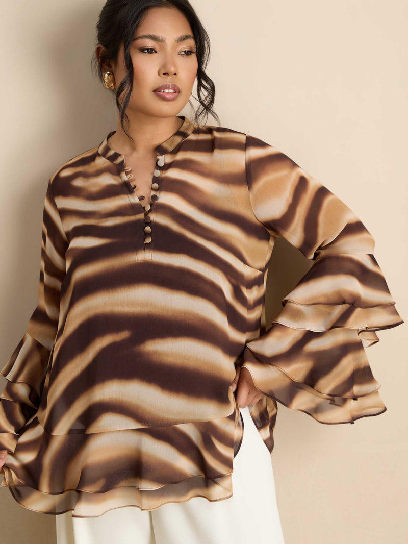 Brown Abstract Print Ruffle Blouse