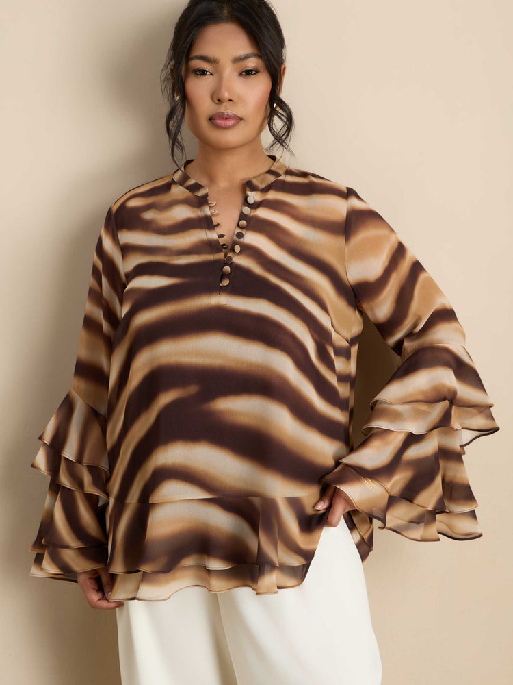 Brown Abstract Print Ruffle Blouse