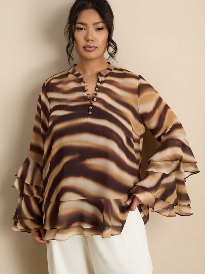 Brown Abstract Print Ruffle Blouse
