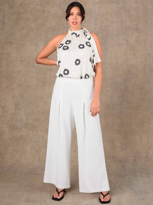 Ivory tailored wide leg trousers in satin back crepe