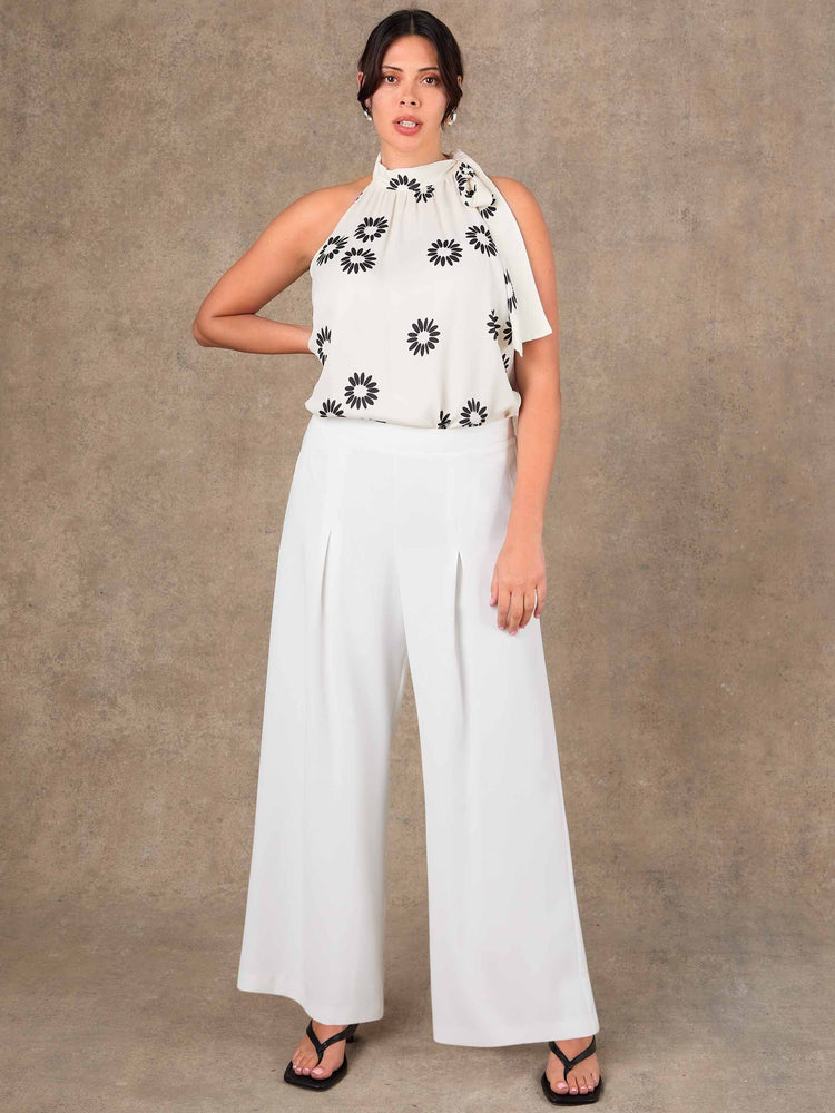 Ivory tailored wide leg trousers in satin back crepe