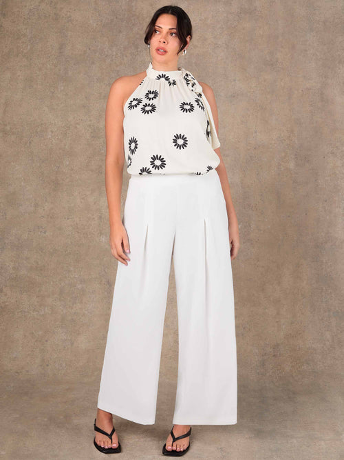 Ivory occasion trousers with straight wide leg and pintuck detail
