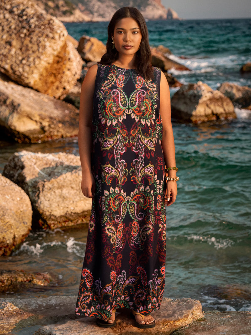 Navy Paisley Placement Print Maxi Dress
