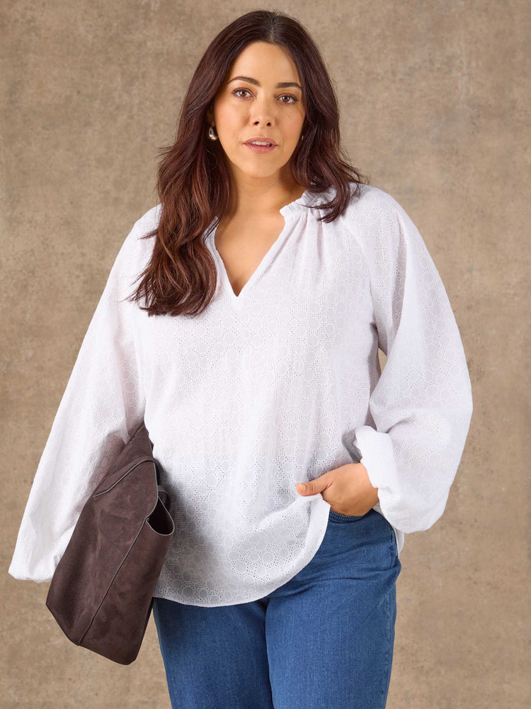 White Broderie Gathered Neck Top