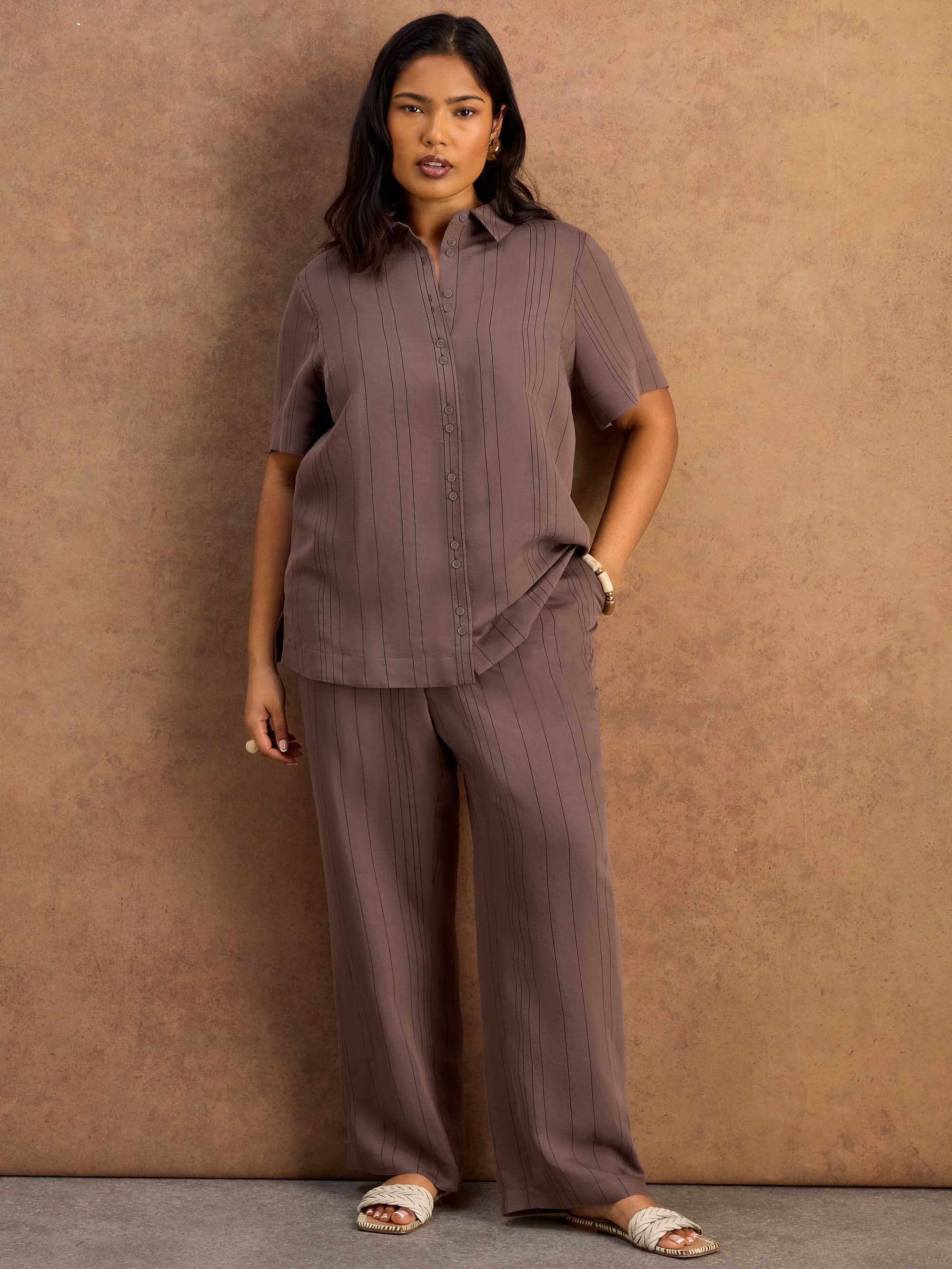 Brown Stripe Short Sleeve Shirt Resort Set
