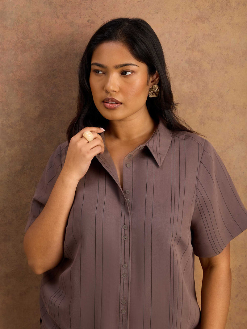 Brown Stripe Short Sleeve Shirt Resort Set