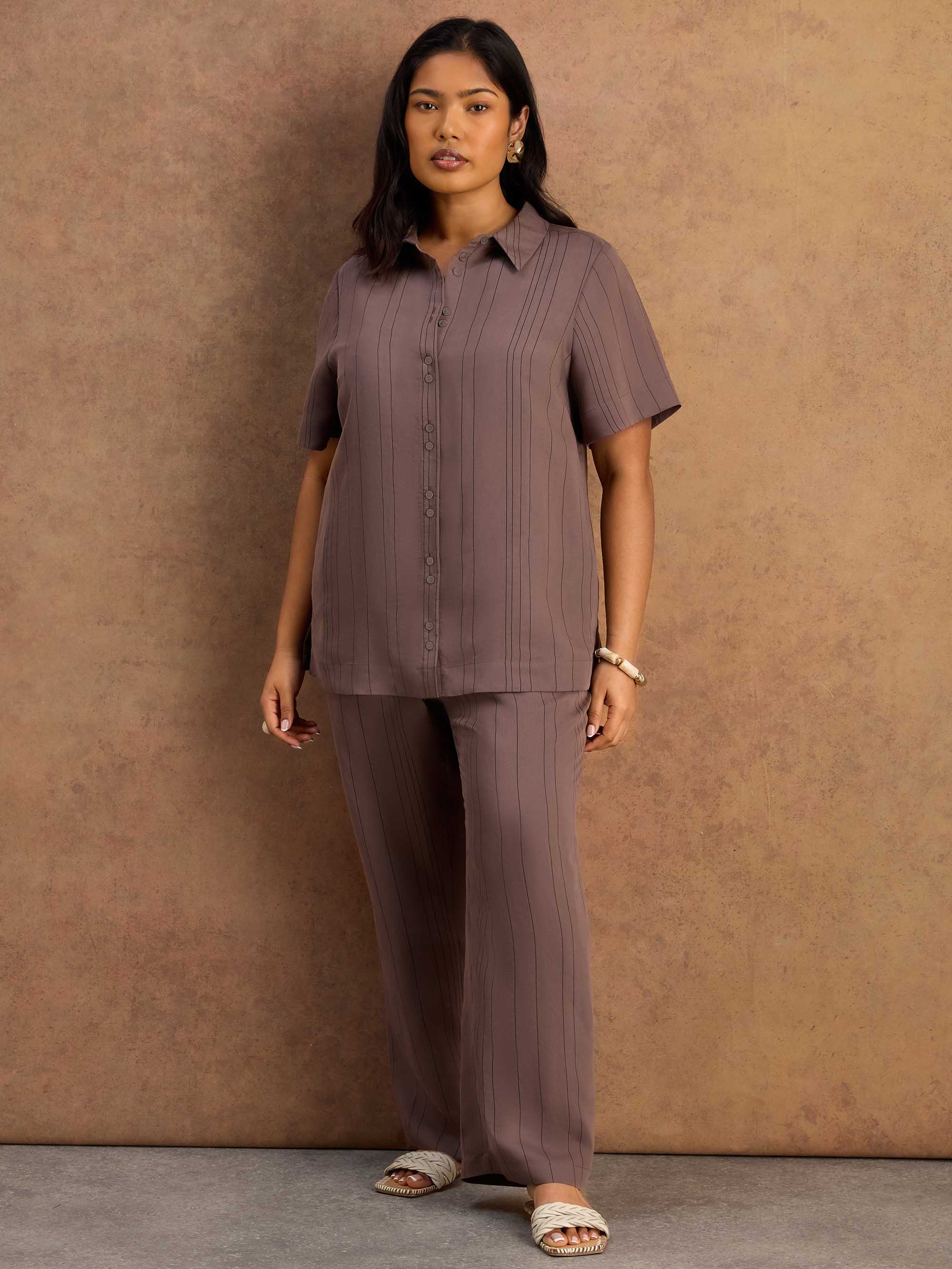 Brown Stripe Short Sleeve Shirt Resort Set