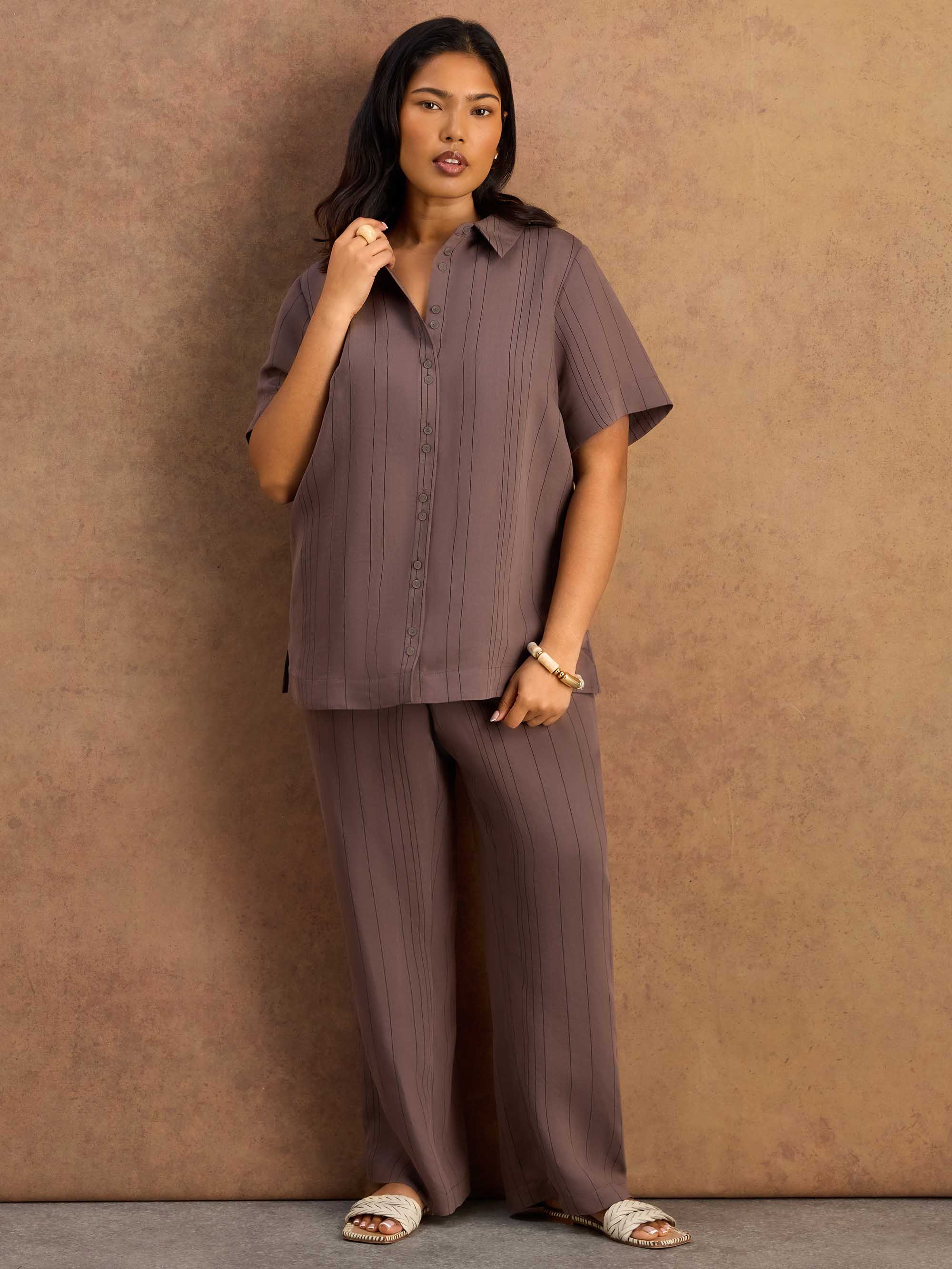 Brown Stripe Short Sleeve Shirt Resort Set