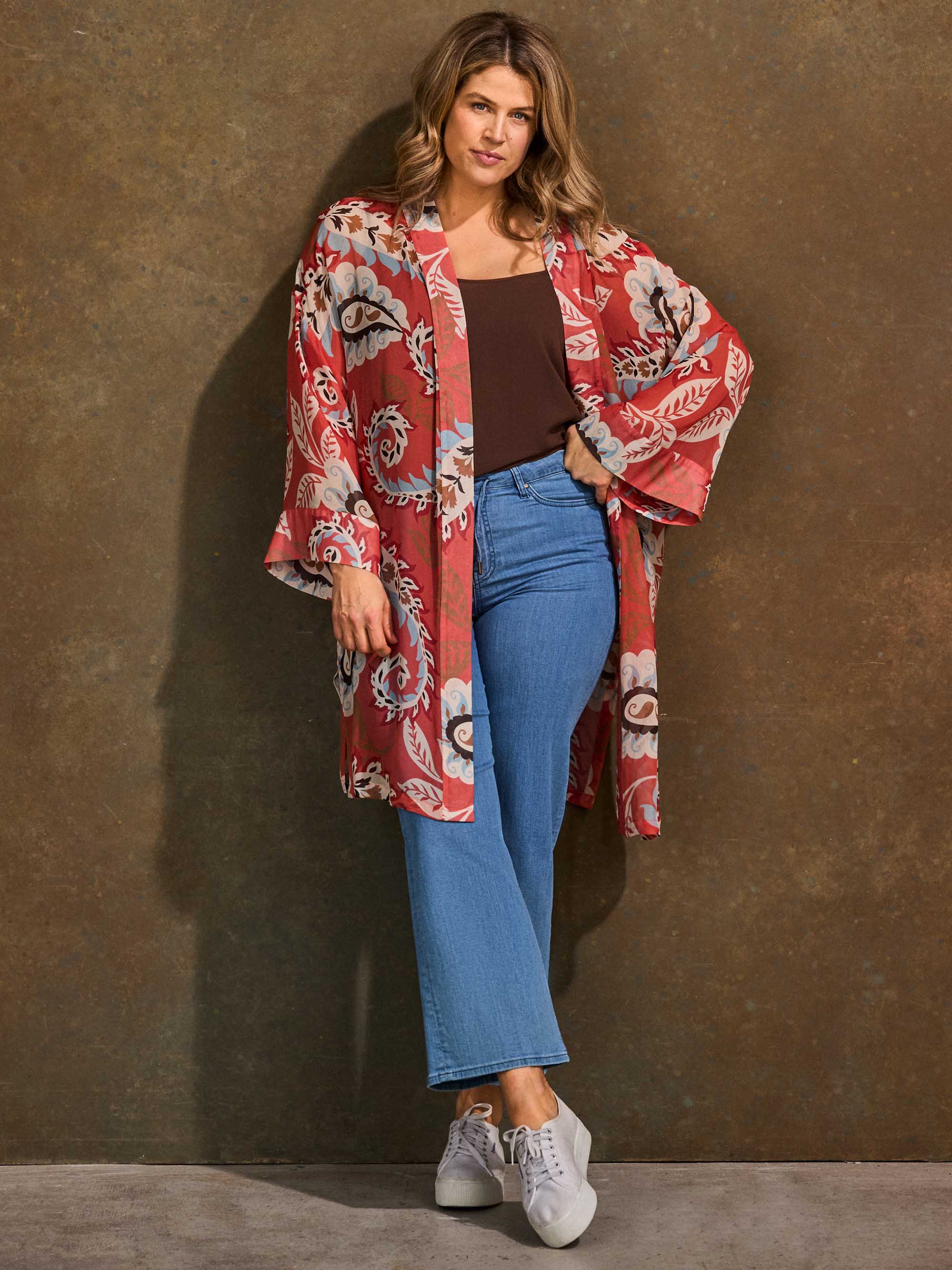 Plus Size Coral Paisley Print Kimono
