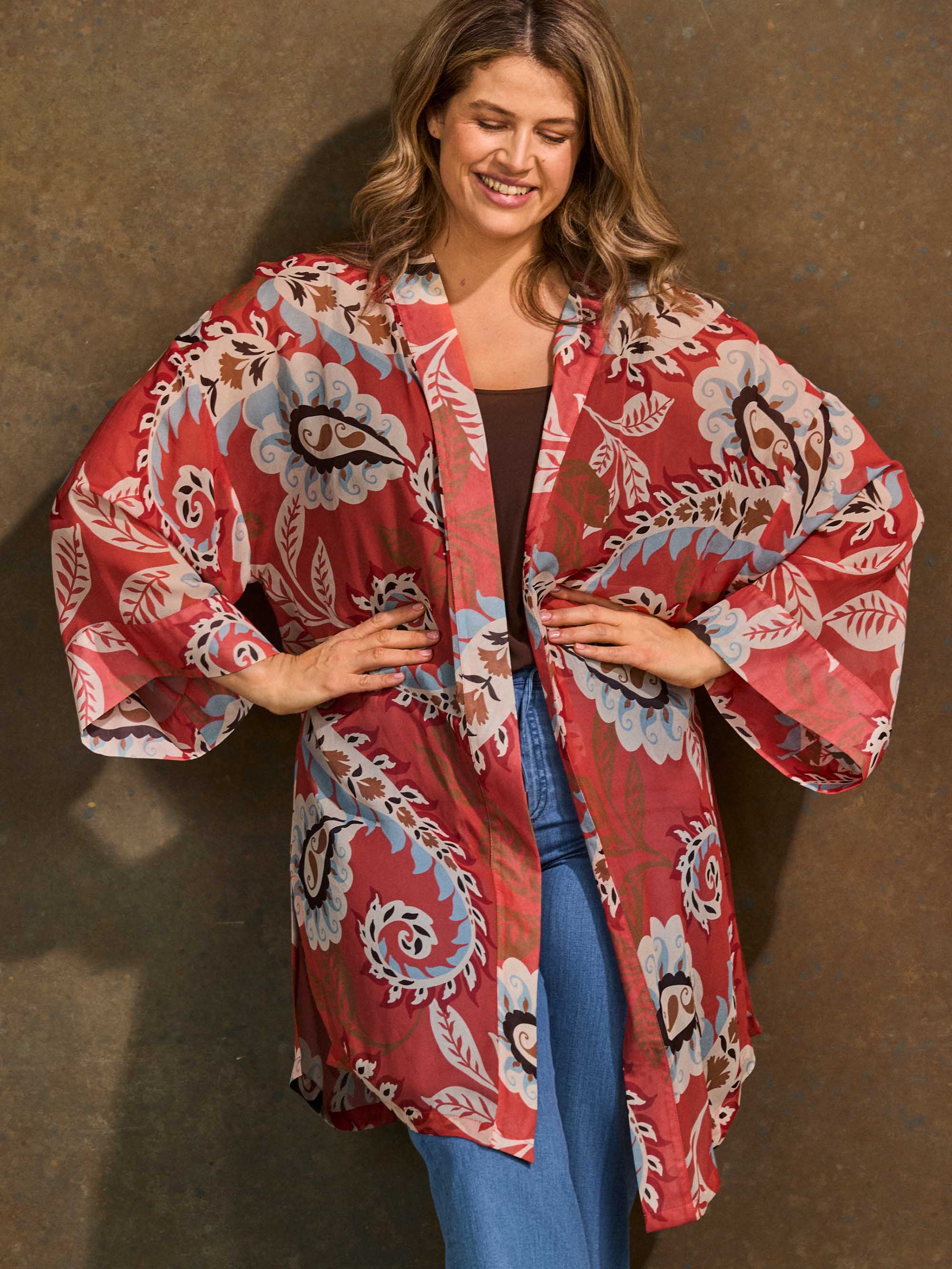 Plus Size Coral Paisley Print Kimono