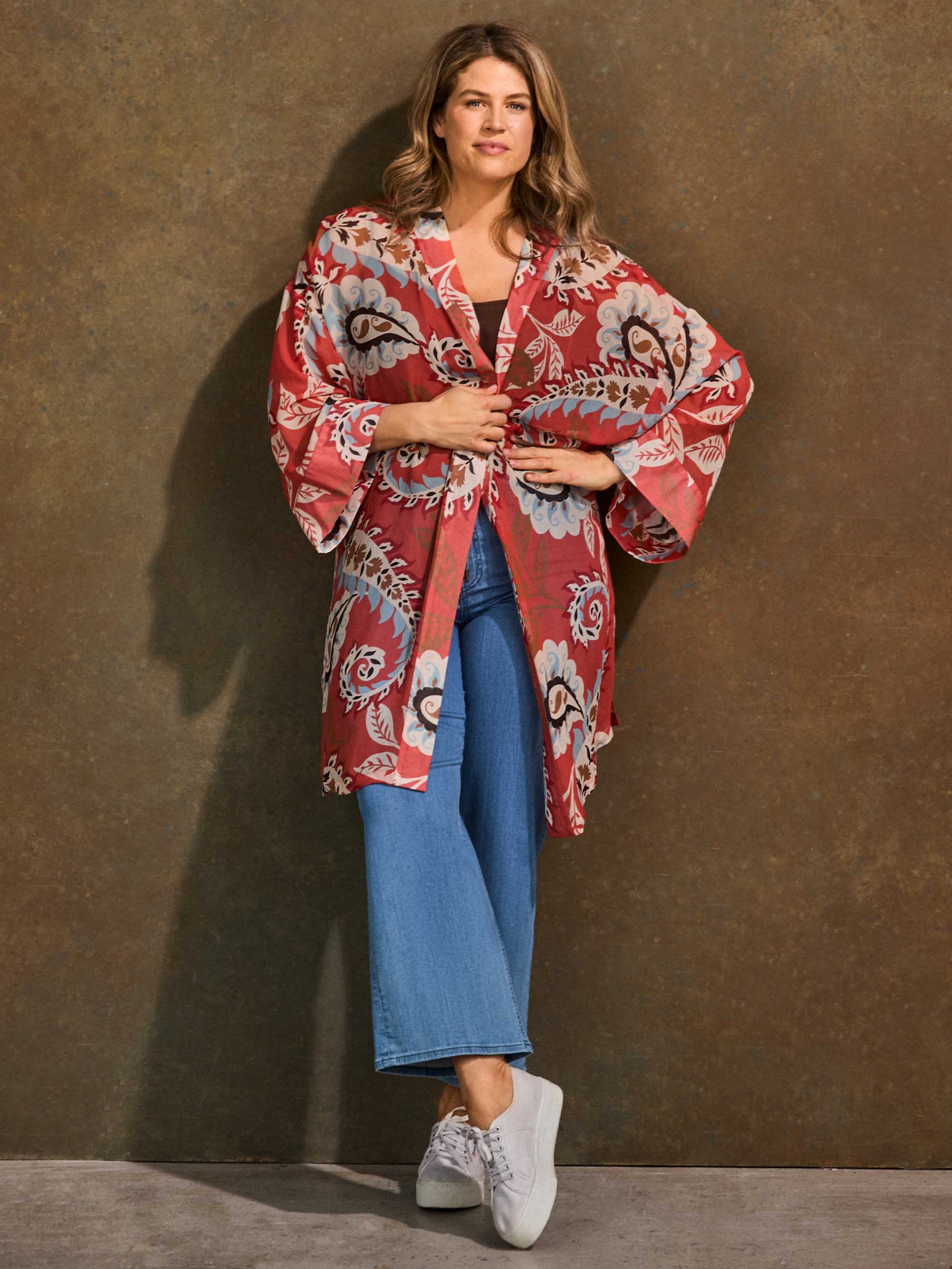 Plus Size Coral Paisley Print Kimono