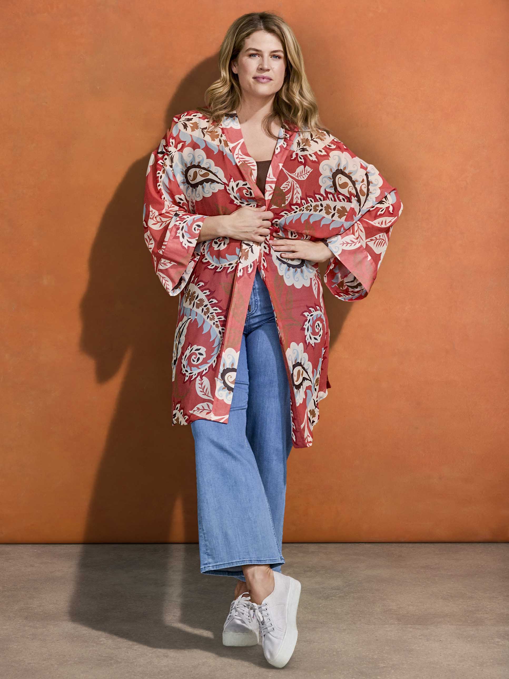 Coral Paisley Print Kimono Resort
