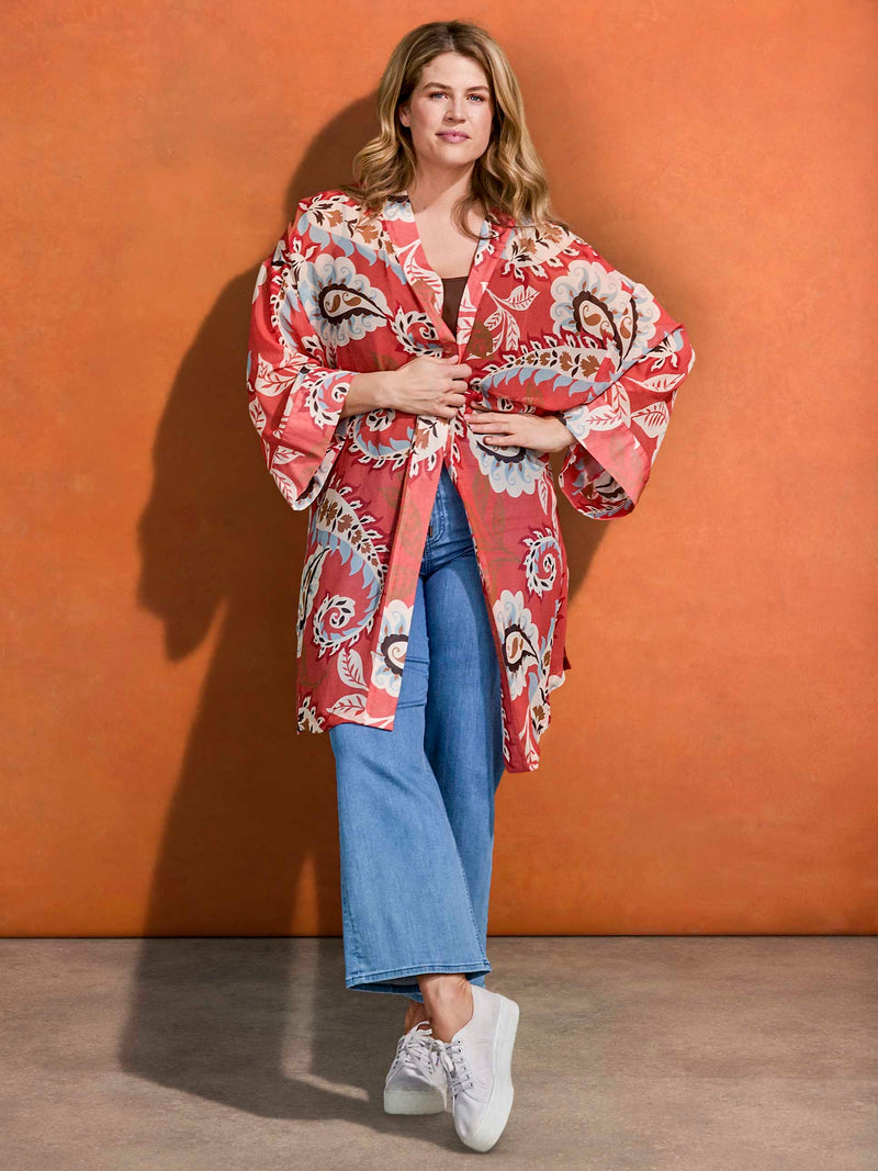 Coral Paisley Print Kimono Resort